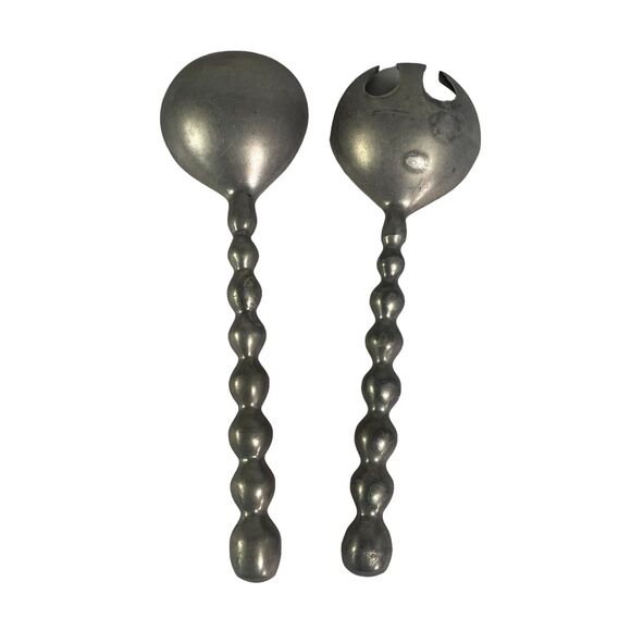 Retro Metal Pewter Salad Servers Serving Utensils Set MCM Rustic Grey Gray - Picture 7 of 8
